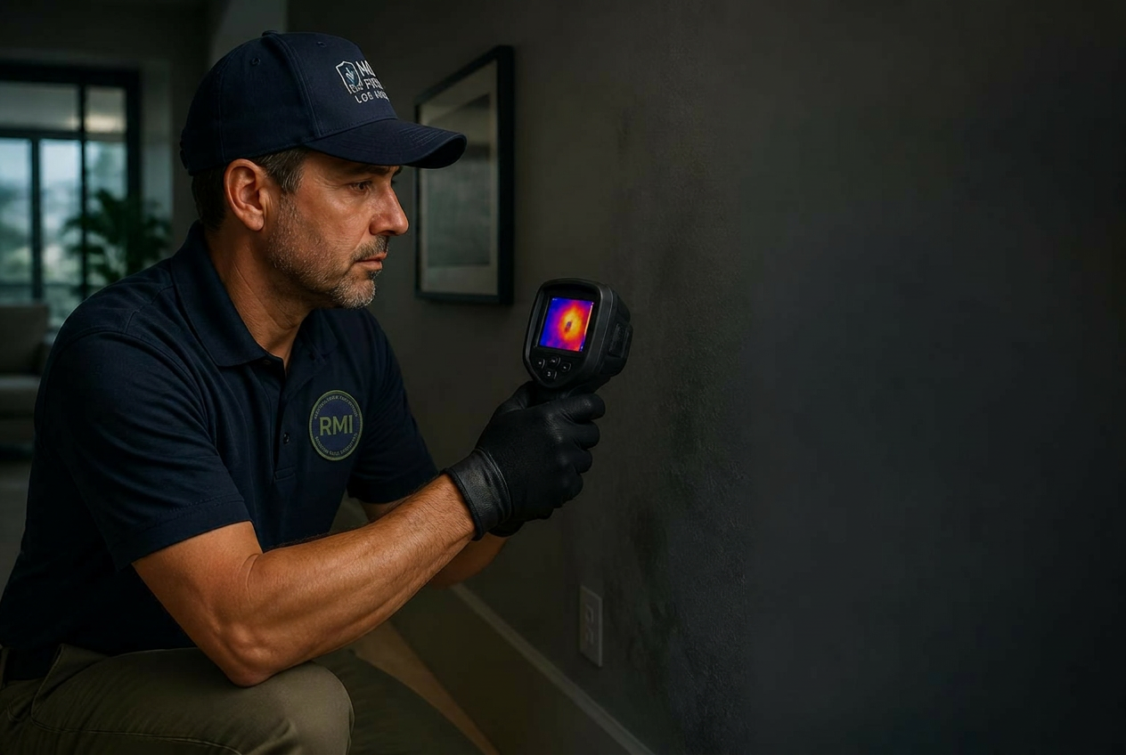 Certified mold inspector from Raphael Mold Inspection using a thermal imaging camera during a home mold inspection in Los Angeles, CA