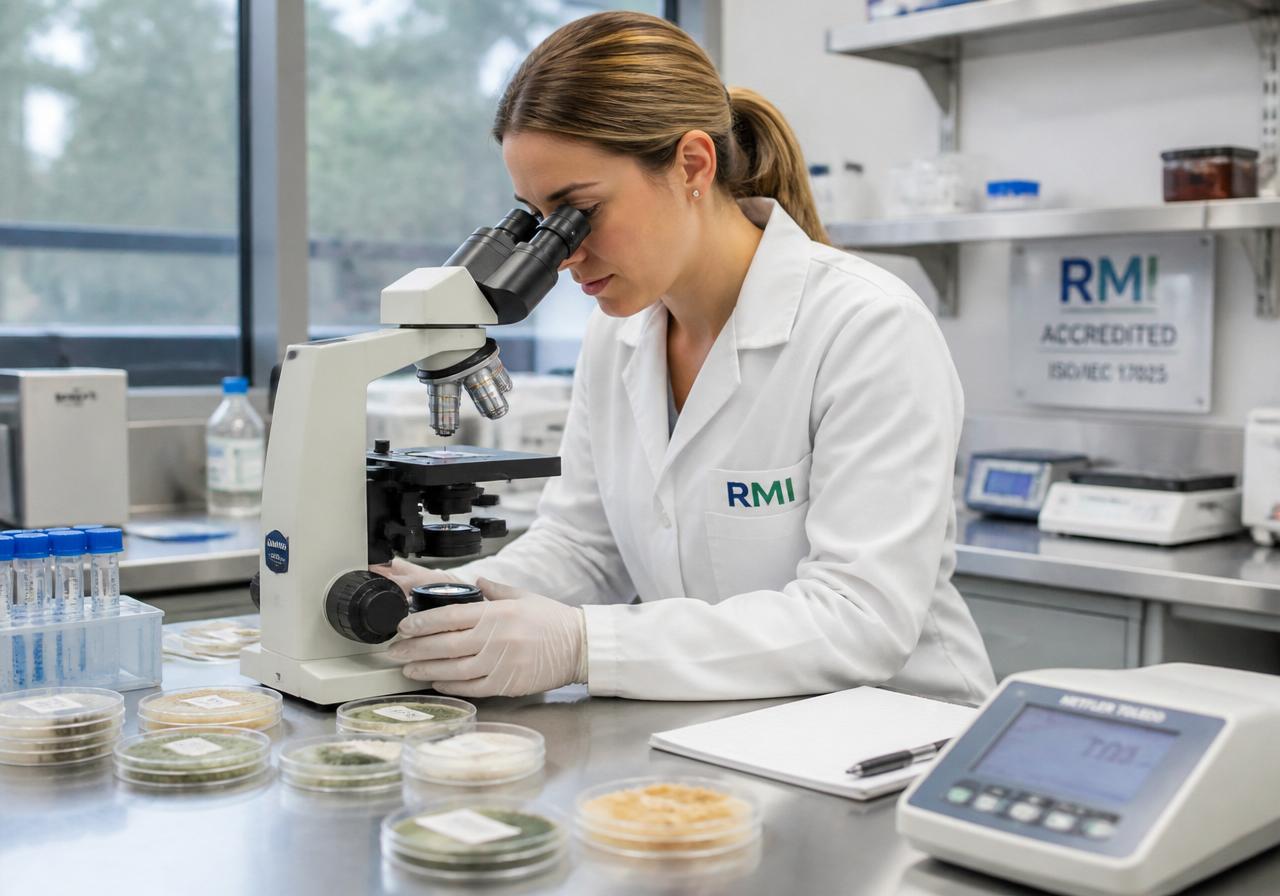 Accredited third-party laboratory technician analyzing mold spore samples under a microscope for Raphael Mold Inspection, Los Angeles, CA